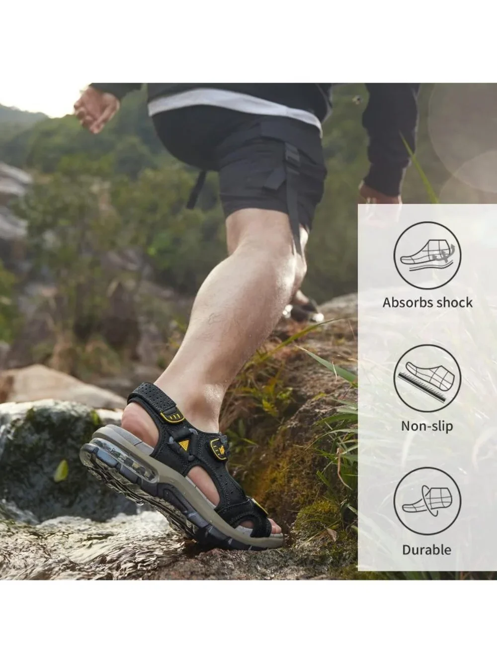 Men's Black Athletic Outdoor Leather Solid Waterproof Rubber Hiking Sandal Shoes